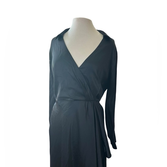 Abercrombie & Fitch Black Long-Sleeve Satin Collared Shirt Dress Size XL Midi - Picture 3 of 11